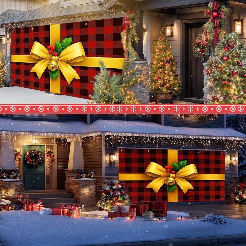 IVN Christmas Garage Door Banner 6x13 ft Buffalo Plaid Gift Wrap with Gold Bow and Bells Backdrop Decorative Holiday Christmas Garage Door Cover Mural Winter Scene Photo Backdrop - Image 4